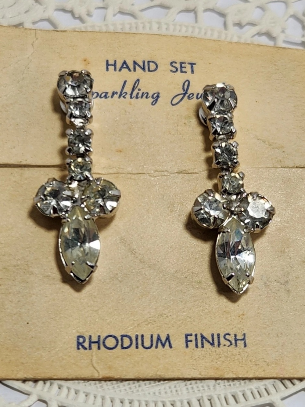 Vintage Clear Rhinestone Dangle Screwback Earrings Rhodium Finish Silver Tone